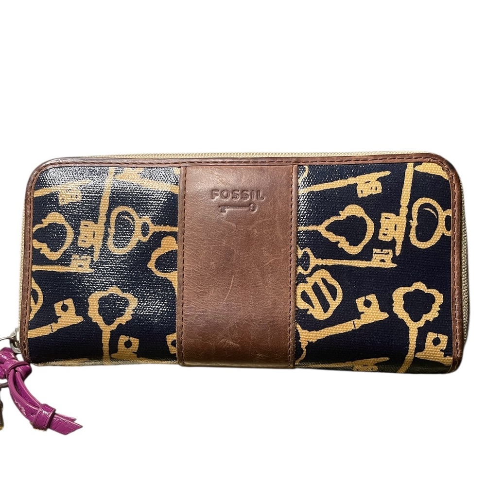 Fossil Black & Brown Key-Per Zip Wallet with Pink Tassel